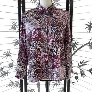 Vintage 1990s Purple White Satin Animal Print  Button Down Shirt